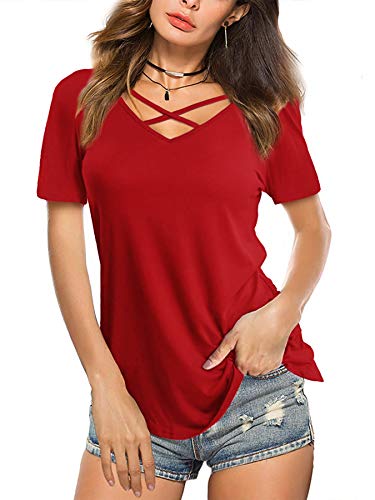 Beluring Longshirt Damen Sommer Criss Cross Ausschnitt Shirts Locker Weit Oberteile, Rot S von Beluring