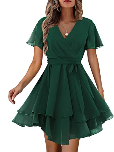 Beluring Damen Wickelkleid V-Ausschnitt Minikleid Kurzarm Freizeitkleid Falten Stufenkleid Dunkelgrün L von Beluring