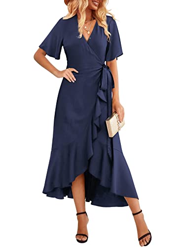 Beluring Damen Wickelkleider V Ausschnitt Rüschen Kleid Sommer Schönes Langekleider Navy Blau L von Beluring