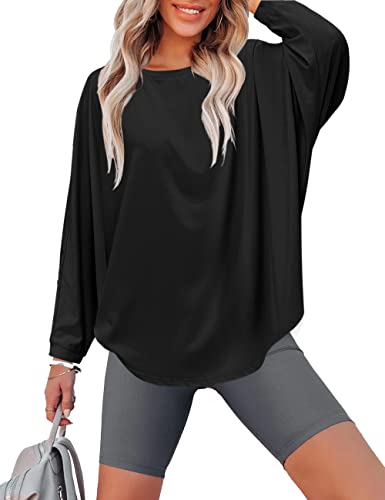 Beluring Fledermaus Shirt Damen Langarm Blusenshirt Loose Rundhals Sweatshirt Schwarz L von Beluring