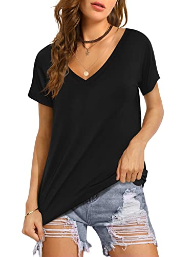 Beluring Frauen Basic Kurzarm Nettes Solide Shirts Locker Runder Saum Bluse Schwarz XL von Beluring