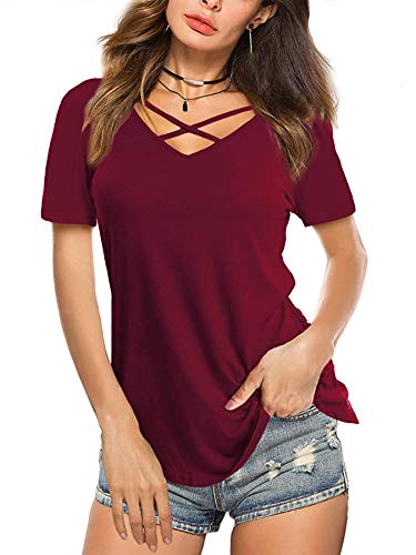 Beluring T Shirt Damen V Ausschnitt Criss Cross Sommer Shirt Sexy Schickes Blusen, Weinrot XL von Beluring