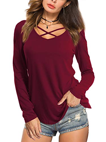 Beluring Tshirt Damen Langarm V-Ausschnitt Oberteile Casual Einfarbige Shirts Weinrot L von Beluring