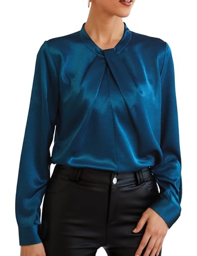 Beluring Oberteile Damen Elegant Langarm Tshirt Herbst Bowtie Satin Tunika Blusen Pfauenblau M von Beluring