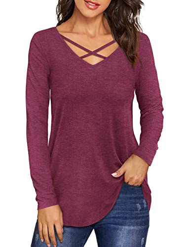 Beluring Herbst Basic V-Ausschnitt Criss Cross T-Shirts Langarmshirts für Damen Burgund XL von Beluring