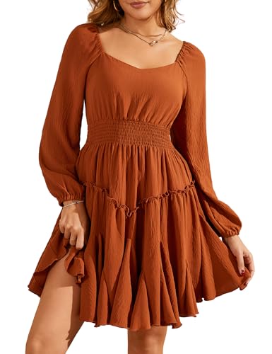 Beluring Kleid Damen Quadratischer Ausschnitt Minikleid High Waist Falten Swing Langarmkleid mit Rüschen Orange XXL von Beluring