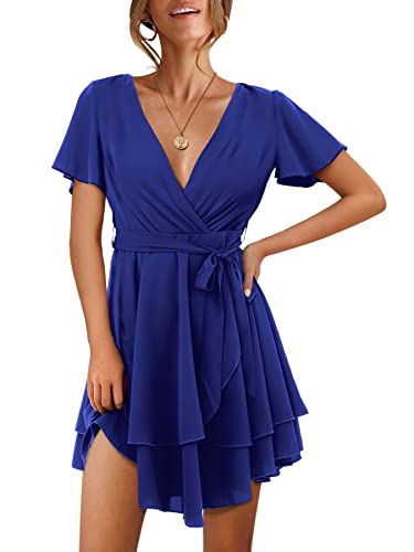 Beluring Kleid Damen Rüschenärmel V Ausschnitt Wickelkleid Sommer Flowy Schwingen Kleider Blau XXL von Beluring