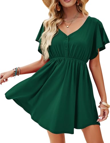 Beluring Kleid Damen Sommer V-Ausschnitt Knopfleiste Freizeitkleid Elegant Kurzarm Tunika Kleider Dunkelgrün XXL von Beluring