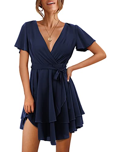 Beluring Kleid Kurzarm Damen Tunikakleid Partykleid Freizeitkleid Swing Plissee Kleider Dunkelblau M von Beluring