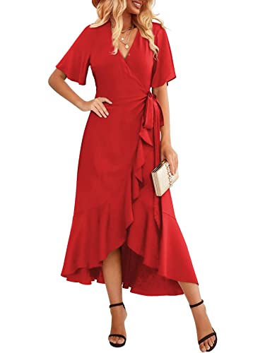 Beluring Kleid V-Ausschnitt Damen Kurzarm Tunikakleid Locker Lang Rüschenkleid Rot XL von Beluring