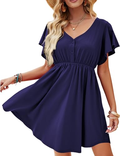 Beluring Kleid V Ausschnitt Damen Rüschen Kurzarm Freizeitkleider Elegant Einfargig Tunika Kleider Marineblau XL von Beluring