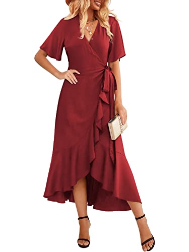 Beluring Kleid V-Ausschnitt Kurzarm Wickelkleid Elegante Tunika Lange Kleider Weinrot M von Beluring