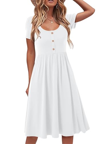 Beluring Kleider Damen Elegant Kurzarm Midikleid Rundhals A Linien Sommerkleid Weiß S von Beluring