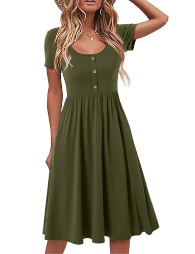 Beluring Kleider Damen Elegant Rundhals Shirtkleider A-Linien Kurzarm Tunika Kleid Sommer Strandkleid Armeegrün XXL von Beluring