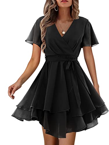 Beluring Kleider Damen Kurzarm Hohe Taille Stufenkleid V-Ausschnitt Wickelkleid Schwarz XL von Beluring