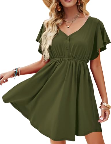 Beluring Kleider Damen Sommer Kurzarm Strandkleid V-Ausschnitt Knopfleiste Freizeitkleid Locker Tunika Kleid Olivgrün XXL von Beluring