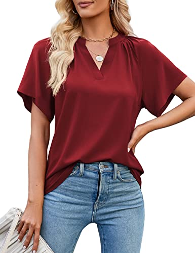 Beluring Kurzarm Bluse Damen Elegant Oberteile Lässige Longshirt Schönes T-Shirt Weinrot XL von Beluring