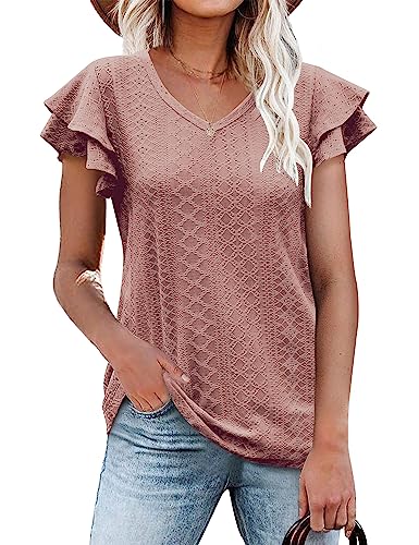 Beluring Kurzarm Bluse Damen Elegant V-Ausschnitt Rüschenärmel T-Shirt Rosa S von Beluring