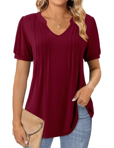 Beluring Bluse Damen Kurzarm V-Ausschnitt Tshirt Sommer Elegant Oberteile Weinrot XL von Beluring