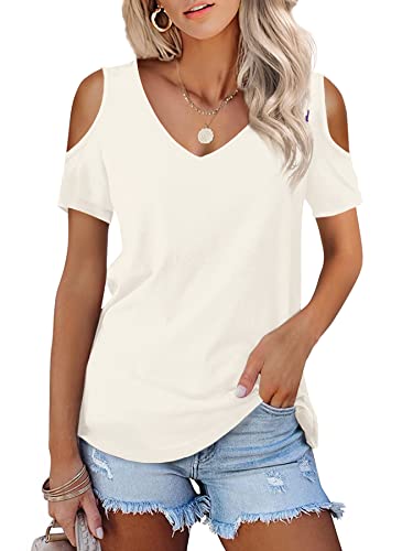 Beluring Kurzarm Bluse Damen Schulterfreie T-Shirt Sexy V-Ausschnitt Oberteile Tops Champagner XL von Beluring