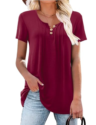 Beluring Kurzarm Bluse Damen Sommer V-Ausschnitt Plissee T-Shirts Lässige Einfarbig Tunika Tops Weinrot M von Beluring