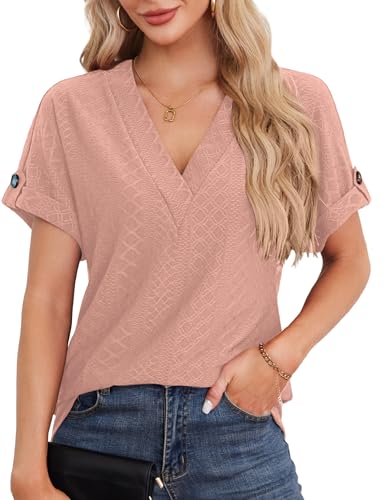 Beluring Kurzarm Damen Sommer V-Ausschnitt Basic Tshirt Elegant Jacquard Blusen Rosa XXL von Beluring