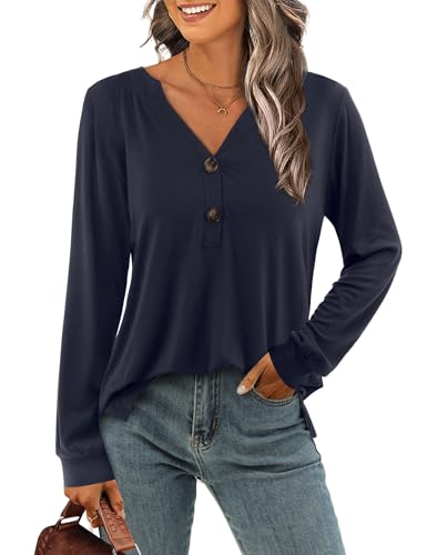 Beluring Langarm Shirts Damen Elegant Basic T-Shirt V-Ausschnitt Loose Oberteile Marineblau XXL von Beluring
