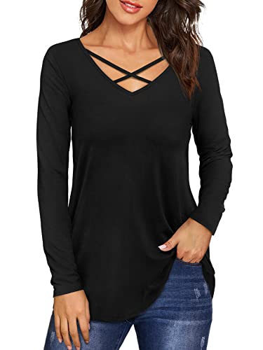 Beluring Langarm-T-Shirts für Frauen Basic Tops Casual V-Ausschnitt T-Shirt Schwarz M von Beluring