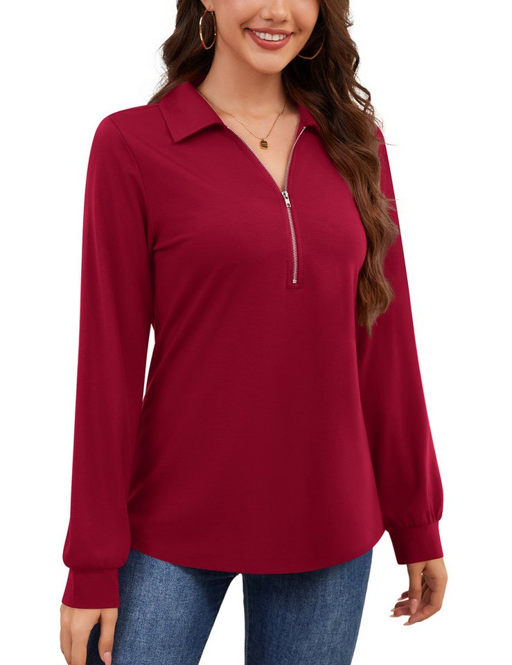 Beluring Langarmbluse Damen Langarm Oberteil / Kleid in Weinrot – V-Ausschnitt, bequem von Beluring