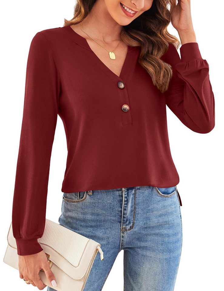 Beluring Langarmbluse Damen Langarm Oberteil / Kleid in Weinrot – V-Ausschnitt, bequem von Beluring