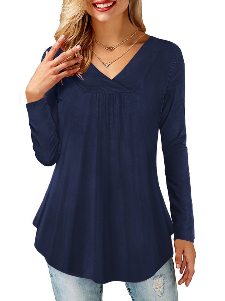 Beluring Langarmbluse Damen V-Ausschnitt Plissee Langbluse in Navy Blau,Modisch Beluring Langarmbluse Damen V-Ausschnitt Plissee Langbluse in Navy Blau,Modisch von Beluring