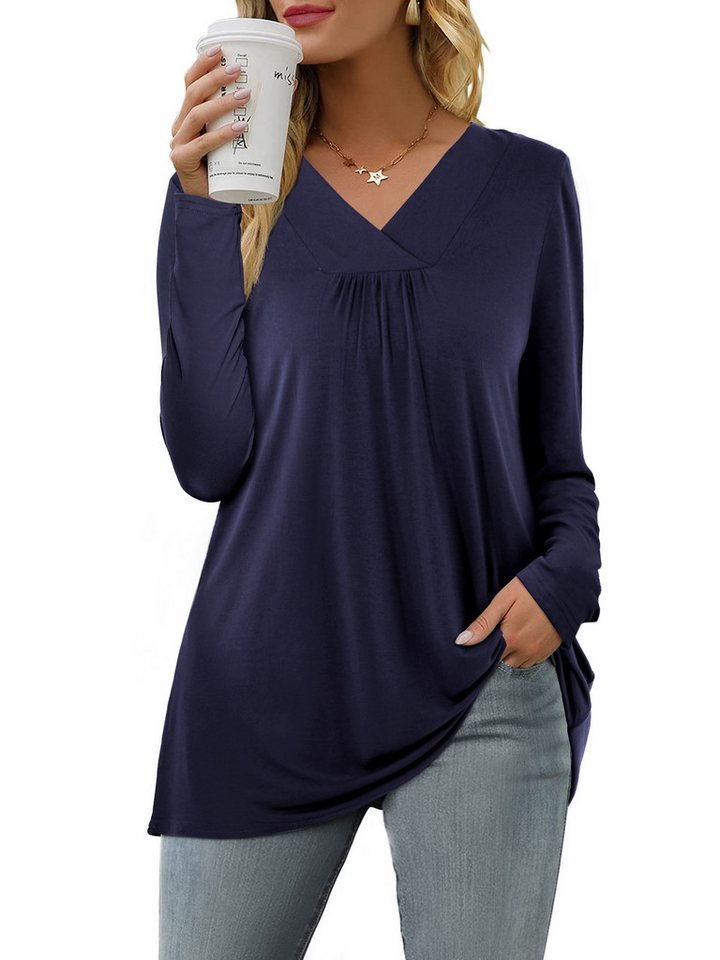 Beluring Langarmbluse Langarmbluse V-Ausschnitt Viskose, Falten & abgerundeter Saum Lockere Langarmbluse mit Falten, abgerundetem Saum & femininem Schnitt von Beluring