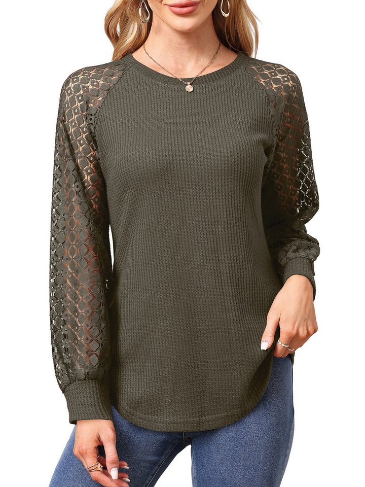 Beluring Langarmshirt Damen Langarm Bluse mit Spitzen und Waffeloptik, Business Casual Elegante Langarmbluse mit Spitzen und Waffeloptik, ideal für Herbst Beluring Langarmshirt Damen Langarm Bluse mit Spitzen und Waffeloptik, Business Casual Elegante Langarmbluse mit Spitzen und Waffeloptik, ideal für Herbst von Beluring