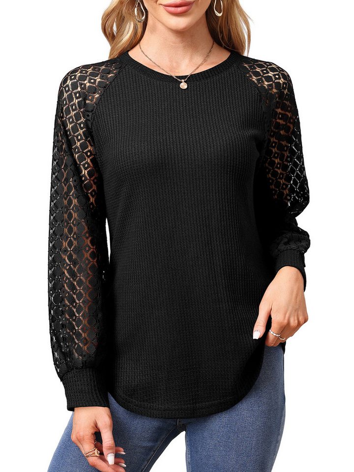 Beluring Langarmshirt Damen Langarm Bluse mit Spitzen und Waffeloptik, Business Casual Elegante Langarmbluse mit Spitzen und Waffeloptik, ideal für Herbst Beluring Langarmshirt Damen Langarm Bluse mit Spitzen und Waffeloptik, Business Casual Elegante Langarmbluse mit Spitzen und Waffeloptik, ideal für Herbst von Beluring