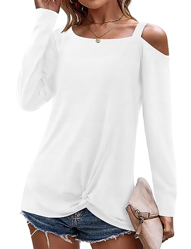 Beluring Langarmshirt Damen Pullover Schulterfrei Oberteil Elegant Einfarbig T-Shirt Weiß XL von Beluring