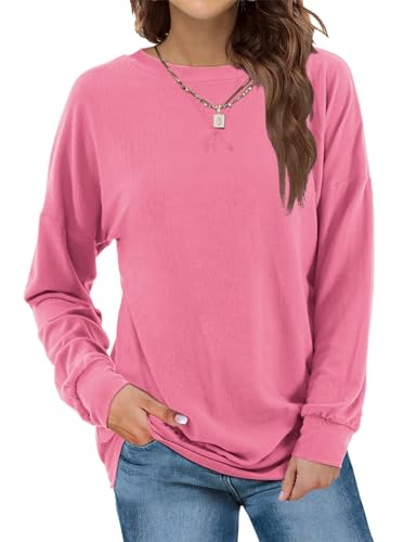 Beluring Langarmshirt Damen Rundhals Oberteile Casual Basic Sweatshirt Bequeme Lose Tunika Top Rosa XL von Beluring