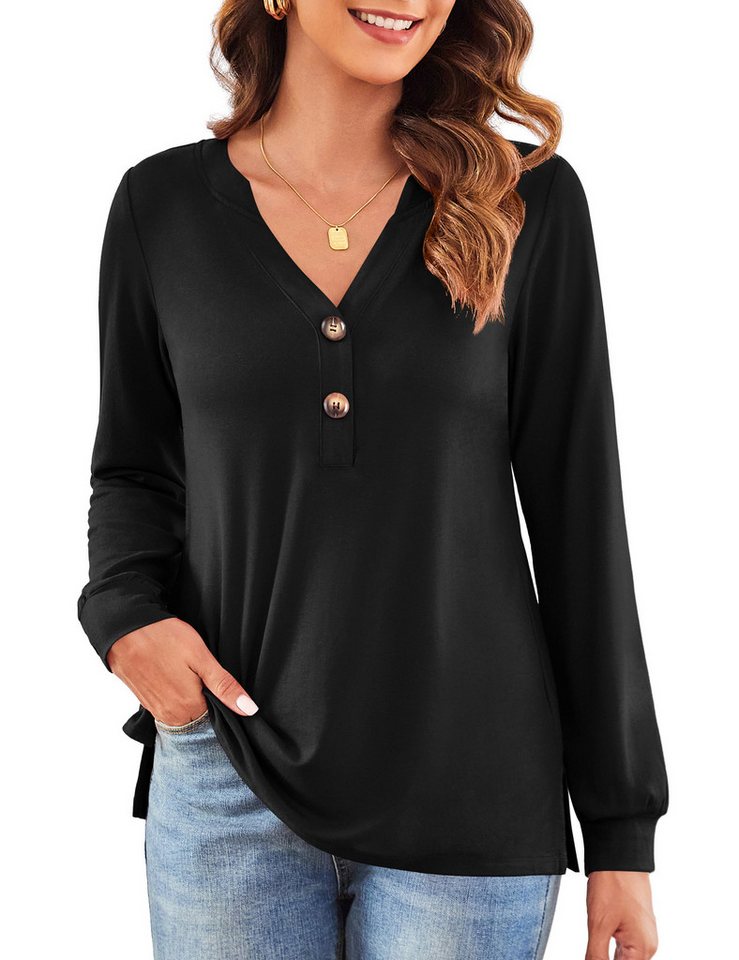Beluring Langarmshirt Damen T-Shirt Elegante V-Ausschnitt Bluse, Locker & Einfarbig Vielseitig kombinierbar – passt zu Jeans, Freizeithosen oder Röcken. von Beluring