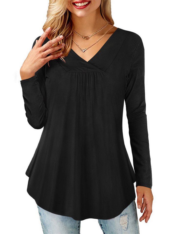 Beluring Langarmshirt Damen V-Ausschnitt Plissee Langbluse in Schwarz,Modisch & Figurbetont Damenbluse lang, locker, komfortabel, vielseitig von Beluring