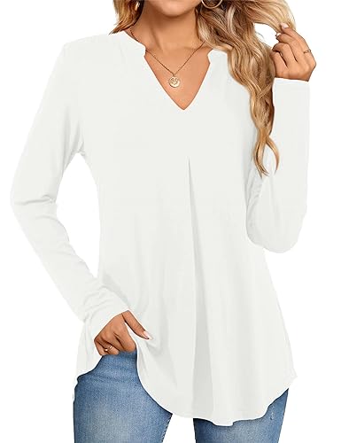 Beluring Langarmshirt Damen V-Ausschnitt Plissee T-Shirt Swing Saum Blusen Weiß XXL von Beluring