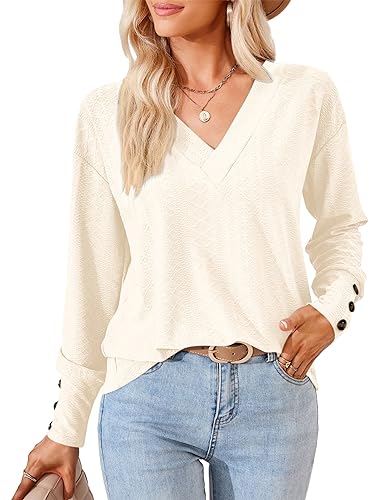 Beluring Langarmshirt Damen V Ausschnitt T-Shirt Loose Fit Basic Oberteile Aprikose XXL von Beluring