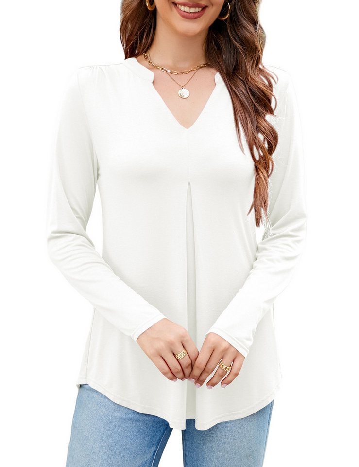 Beluring Langarmshirt Elegantes Damen T-Shirt & Bluse mit V-Ausschnitt in Weiß - Langarm Weich Viskose-Mix, Casual & Elegant für Alltag von Beluring
