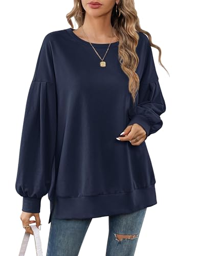 Beluring Langarmshirts Für Damen Rundhals Sweatshirt Herbst Winter Einfarbig Schlitze Pullover Marineblau M von Beluring