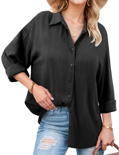 Beluring Longshirt Damen Langarm Leinenbluse Lässig Locker Blusenshirt Reverskragen Shirt Schwarz XXL von Beluring
