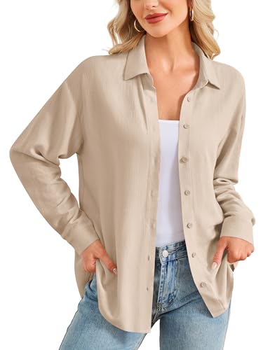 Beluring Shirt Damen Elegant Langarm V-Ausschnitt mit Knöpfen Bluse Loose Basic Oberteile Aprikose XXL von Beluring