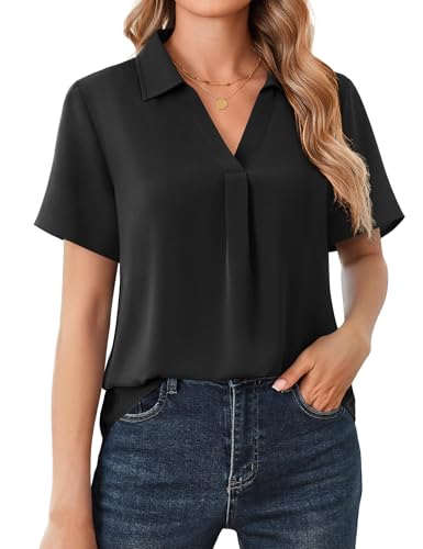 Beluring Longbluse Damen Sommer Kurzarm Oberteile V-Ausschnitt Bekleidung Blusen Schwarz S von Beluring