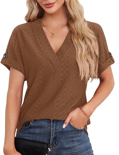 Beluring Longshirt Damen Elegant Kurzarm T-Shirt Sommer V-Ausschnitt Blusen Braun L von Beluring