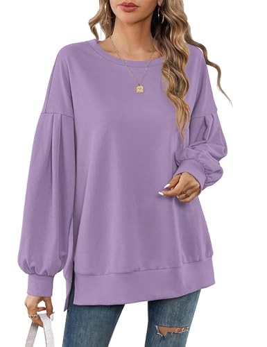 Beluring Longshirt Damen Elegant Langarm Sweatshirt Rundhals Lässige Einfarbig Tshirt Lila M von Beluring