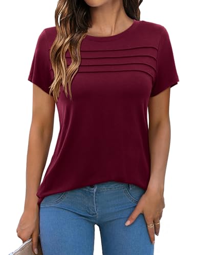 Beluring Longshirt Damen Kurzarm Basic T-Shirt Lässig Rundhals Plissee Oberteile Weinrot L von Beluring