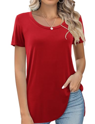 Beluring Longshirt Damen Elegant Kurzarm T-Shirt Sommer Rundhals Shirt Rot M von Beluring