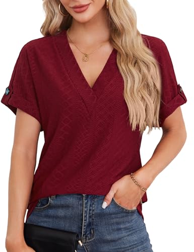 Beluring Longshirt Damen Lässige Kurzarm Oberteile V-Ausschnitt Schönes Tops Weinrot M von Beluring